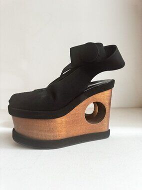 Stella McCartney Black Cut-Out Platform Sandals Black w Wood Soles 39